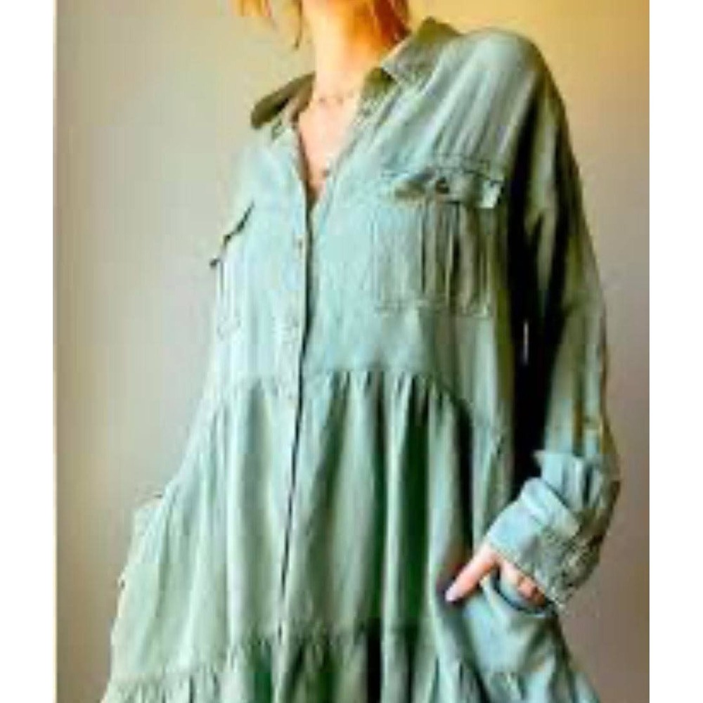 Anthropologie Pilcro Deanne A-Line Dress Green Linen Blend Roll Tab Mini S